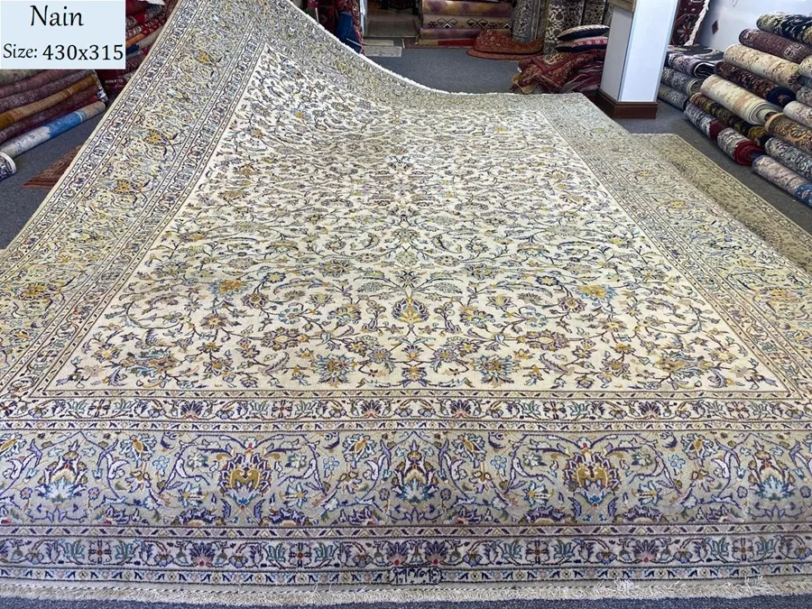 over size nain carpet size 430x315 cm pre loved fine hand knotted by natural wool vegetable dye cream olive green r35000 valuation imported from iran 1