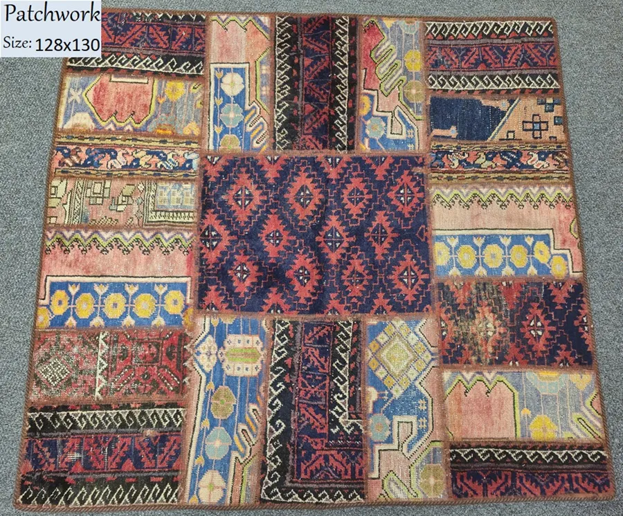 persian patchwork rug size 128x130 cm vintage handknotted natural wool orginal dye 1