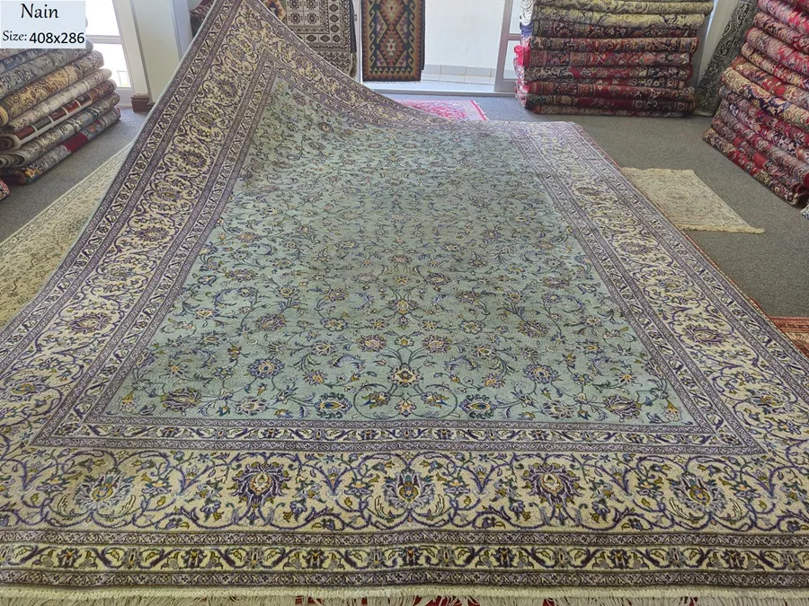 vintage nain rug size 408×286 cm sage green hand knotted natural wool vegetable dye around 60 years old r30 000 valuation certificate 1